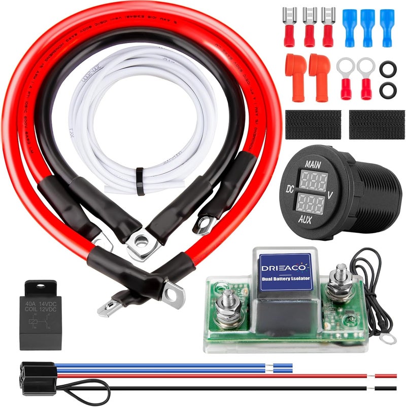 Drieaco Store 12V UTV Dual Battery Isolator Connect & Monitor Kit Fit for Honda Pioneer 1000/700/500, Replace #UTV-SBI-CM, Dual Battery Isolator Kit with LED Digital Double Voltmeter 6 Gauge Wire 12V Relay - Image 1